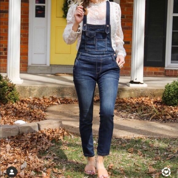 Free People Women's Denim Jean Pocket Overalls in Brady Dark Wash - Picture 1 of 9